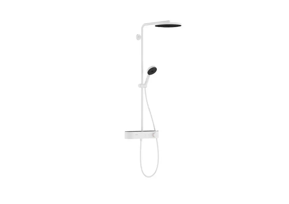 Weißer Hansgrohe Duschsystem mit feststehender und Handbrause. Die Handbrause ist flexibel montiert, der Wasserfluss wird über ein Bedienfeld geregelt. 
